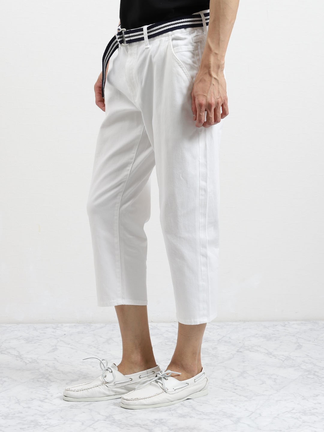 ストレッチ ベルト付きクロップドパンツ 白 紺 M 01白 パンツ Taka Q Online Shop タカキューオンラインショップ 公式通販