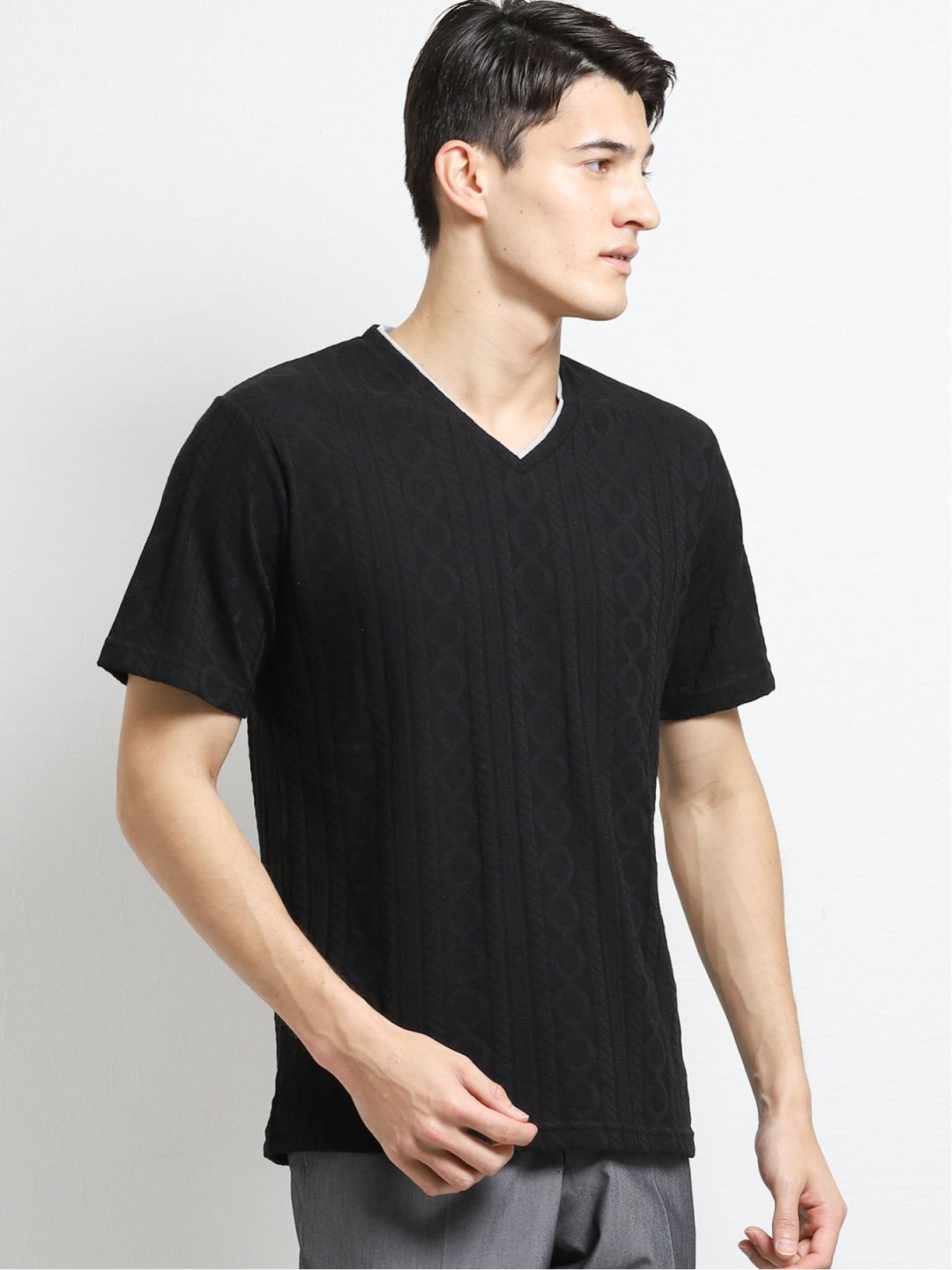 リンクスジャガードケーブル柄ｖネック半袖tシャツ M 05黒 トップス Taka Q Online Shop タカキューオンラインショップ 公式通販