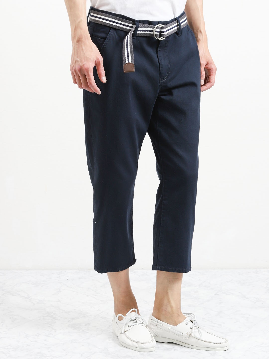 ストレッチ ベルト付きクロップドパンツ 白 紺 M 75紺 パンツ Taka Q Online Shop タカキューオンラインショップ 公式通販