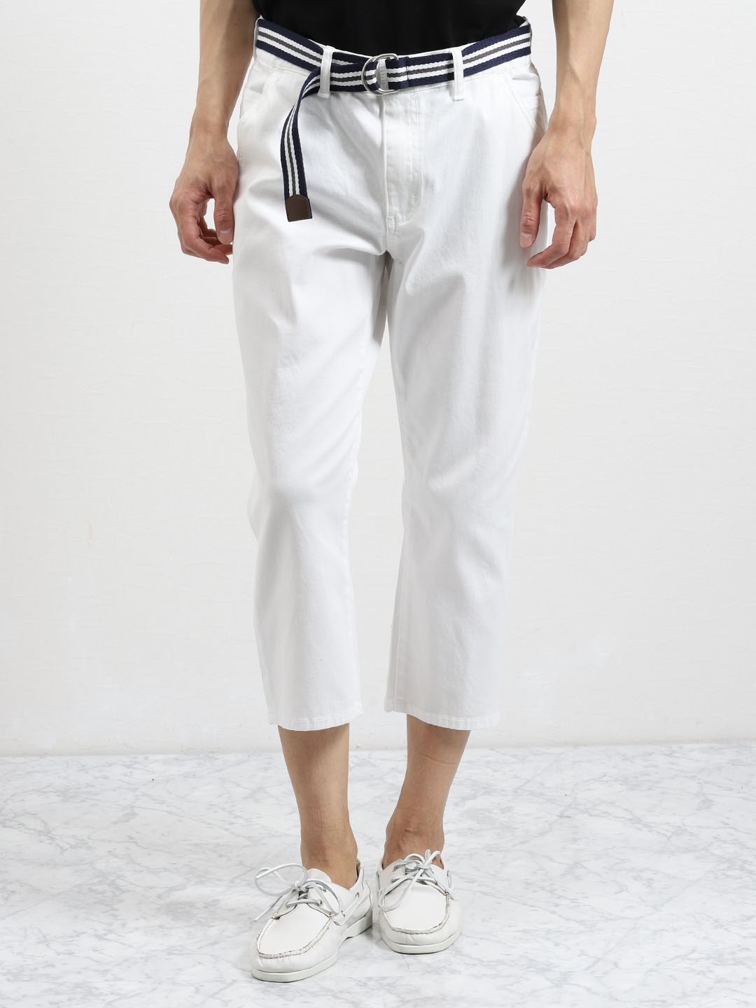 ストレッチ ベルト付きクロップドパンツ 白 紺 M 01白 パンツ Taka Q Online Shop タカキューオンラインショップ 公式通販