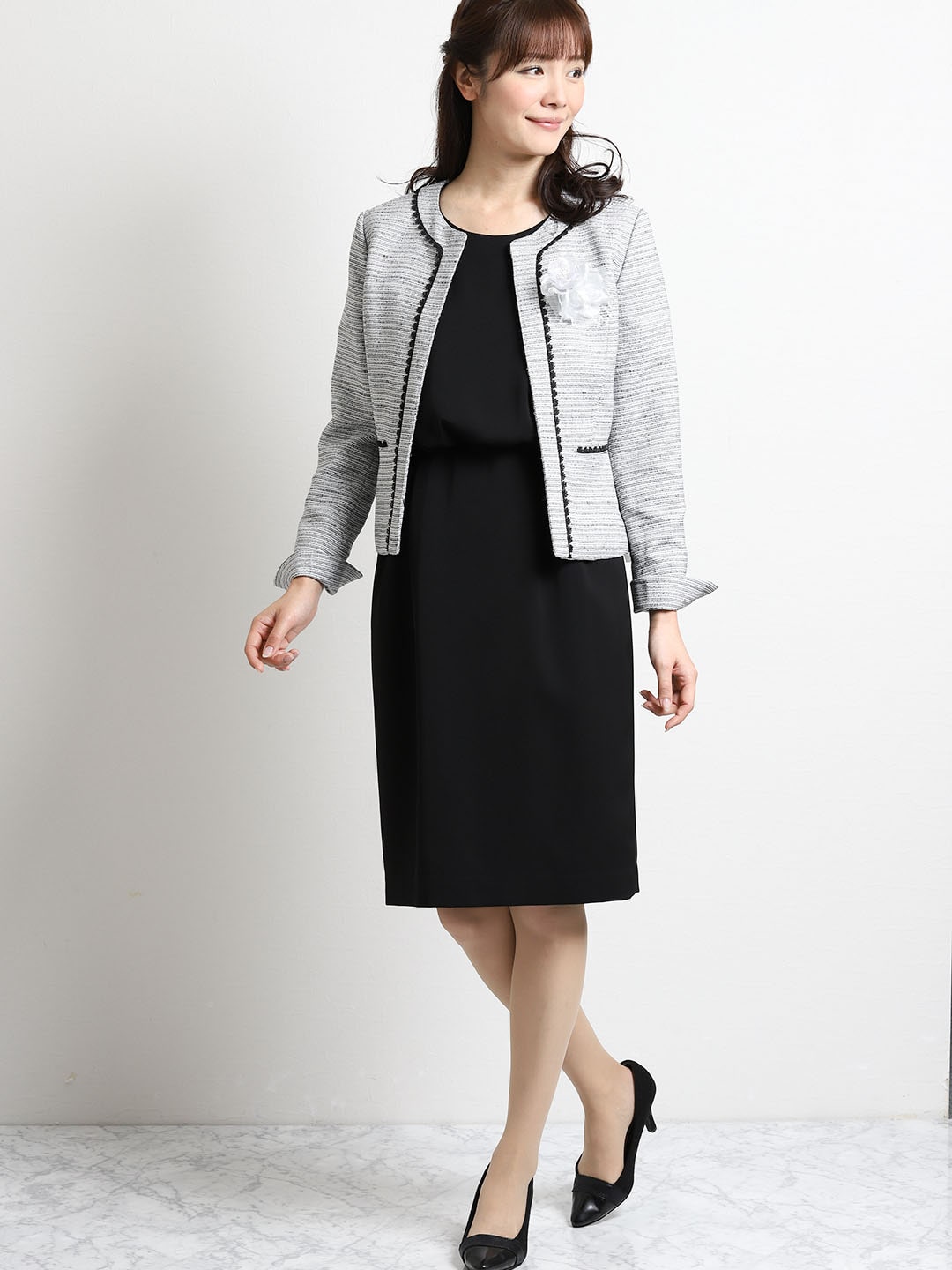 ツイードノーカラージャケット スカート ワンピース 白黒 S 07白黒 スーツ Taka Q Online Shop タカキューオンラインショップ 公式通販