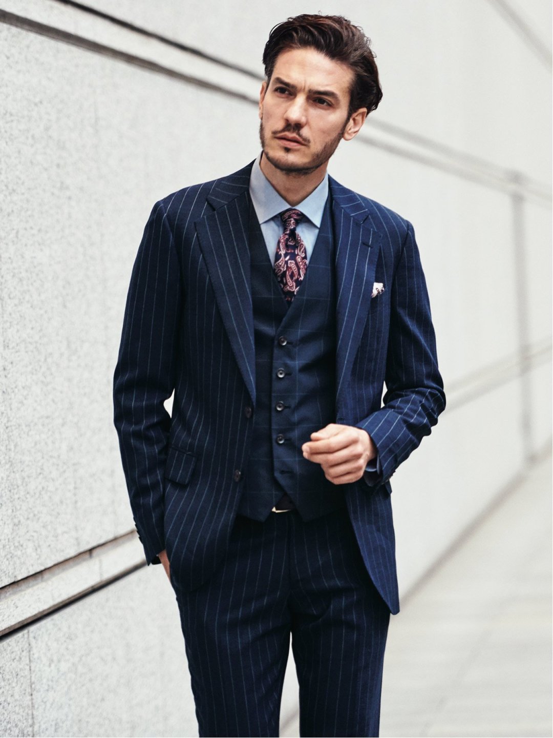 ストレッチウール混スリムフィット2釦コーディネート3ピーススーツ 紺ストライプ Y3 75紺 スーツ Taka Q Online Shop タカキューオンラインショップ 公式通販