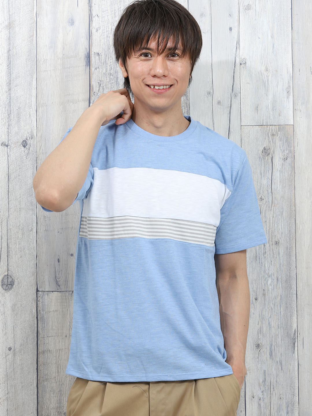 汗染み軽減 スラブ天竺ボーダー切替クルーネック半袖ｔシャツ M 70青 トップス Taka Q Online Shop タカキューオンラインショップ 公式通販