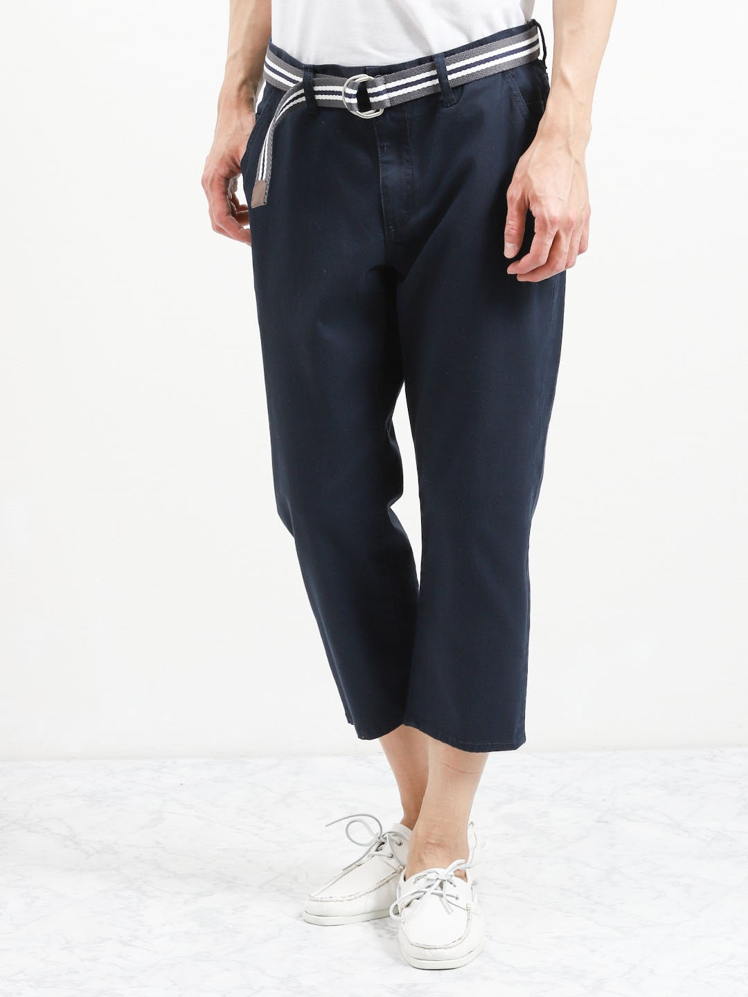 ストレッチ ベルト付きクロップドパンツ 白 紺 M 75紺 パンツ Taka Q Online Shop タカキューオンラインショップ 公式通販