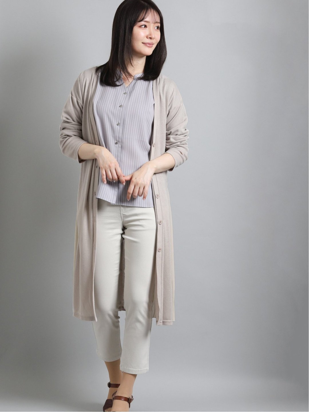 プリーツサイドスリット 長袖ロングカーディガン M 33ベージュ トップス Taka Q Online Shop タカキューオンラインショップ 公式通販