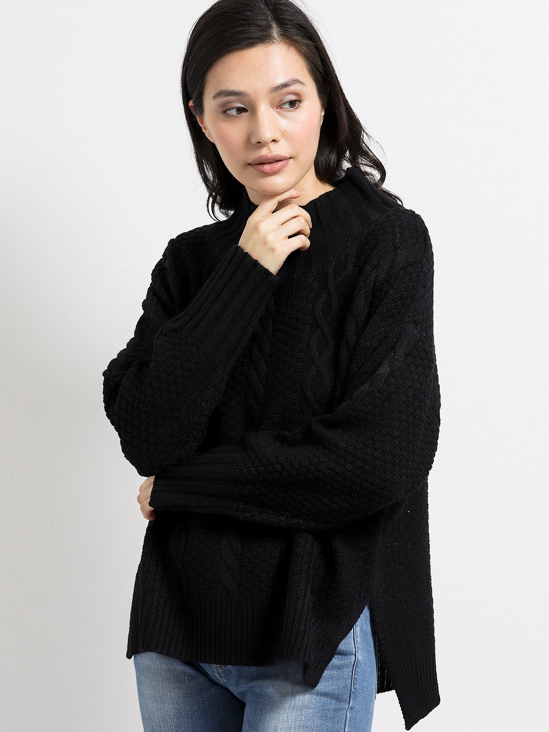 鹿の子 ケーブル編みハイネック プルオーバーニット Free 05黒 トップス Taka Q Online Shop タカキューオンラインショップ 公式通販